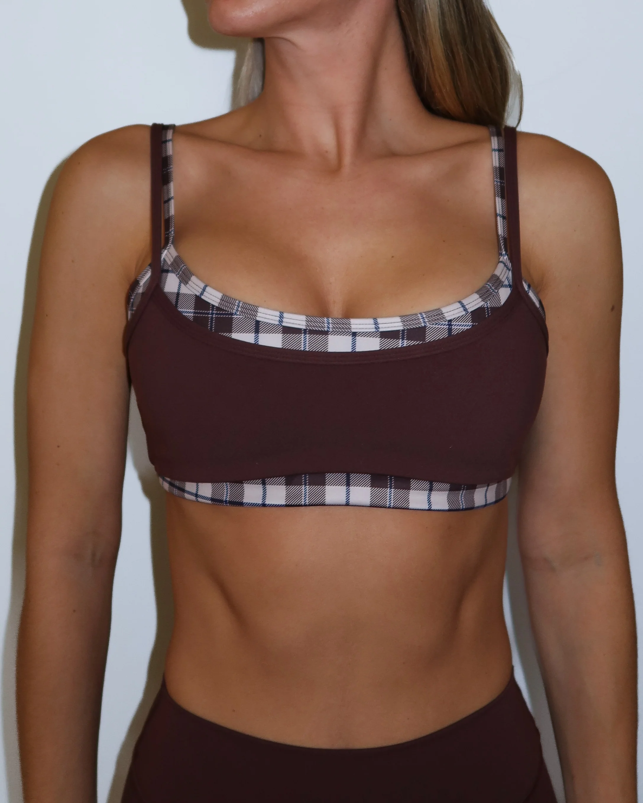 Double Layer Scoop Bra - Mocha Brown & Plaid - Image 2