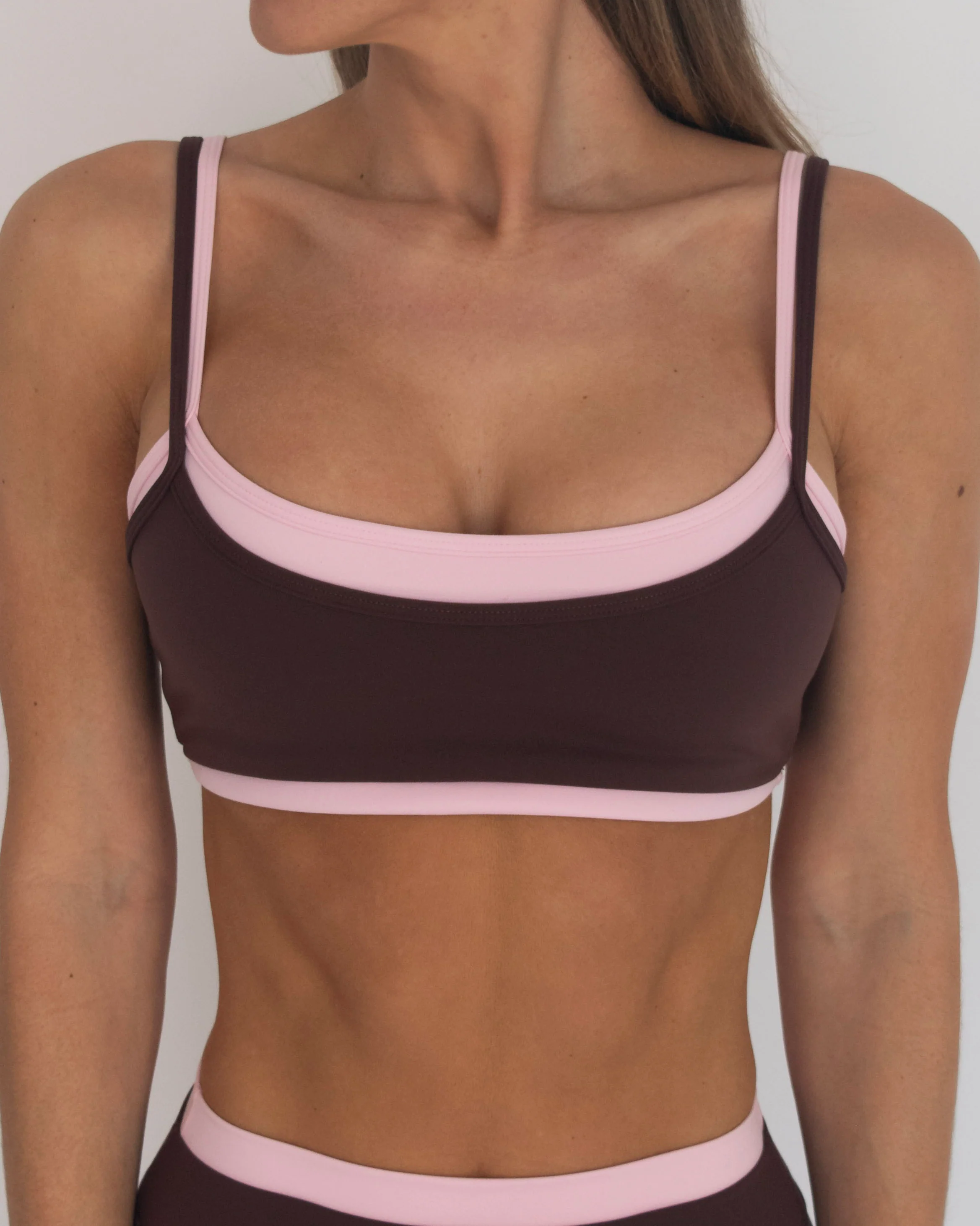 Double Layer Scoop Bra - Mocha Brown & Soft Pink - Image 2