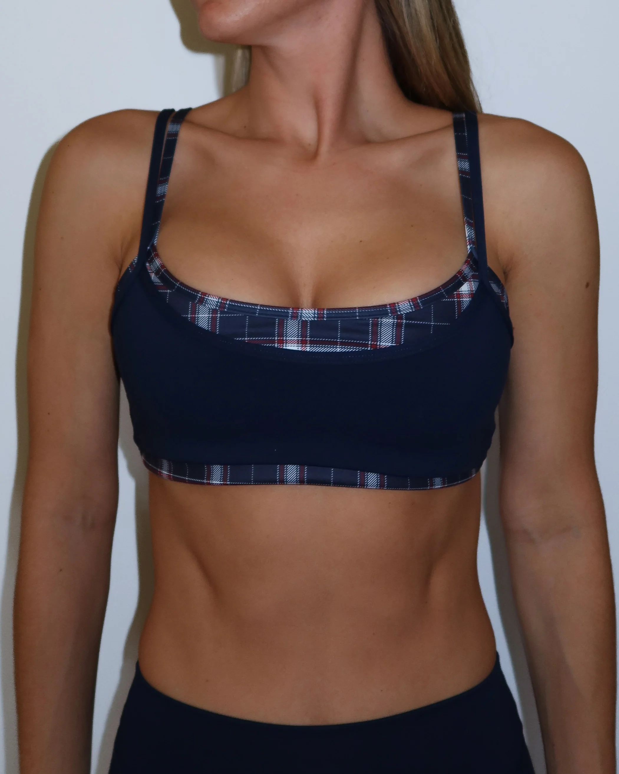 Double Layer Scoop Bra - Navy & Plaid - Image 2