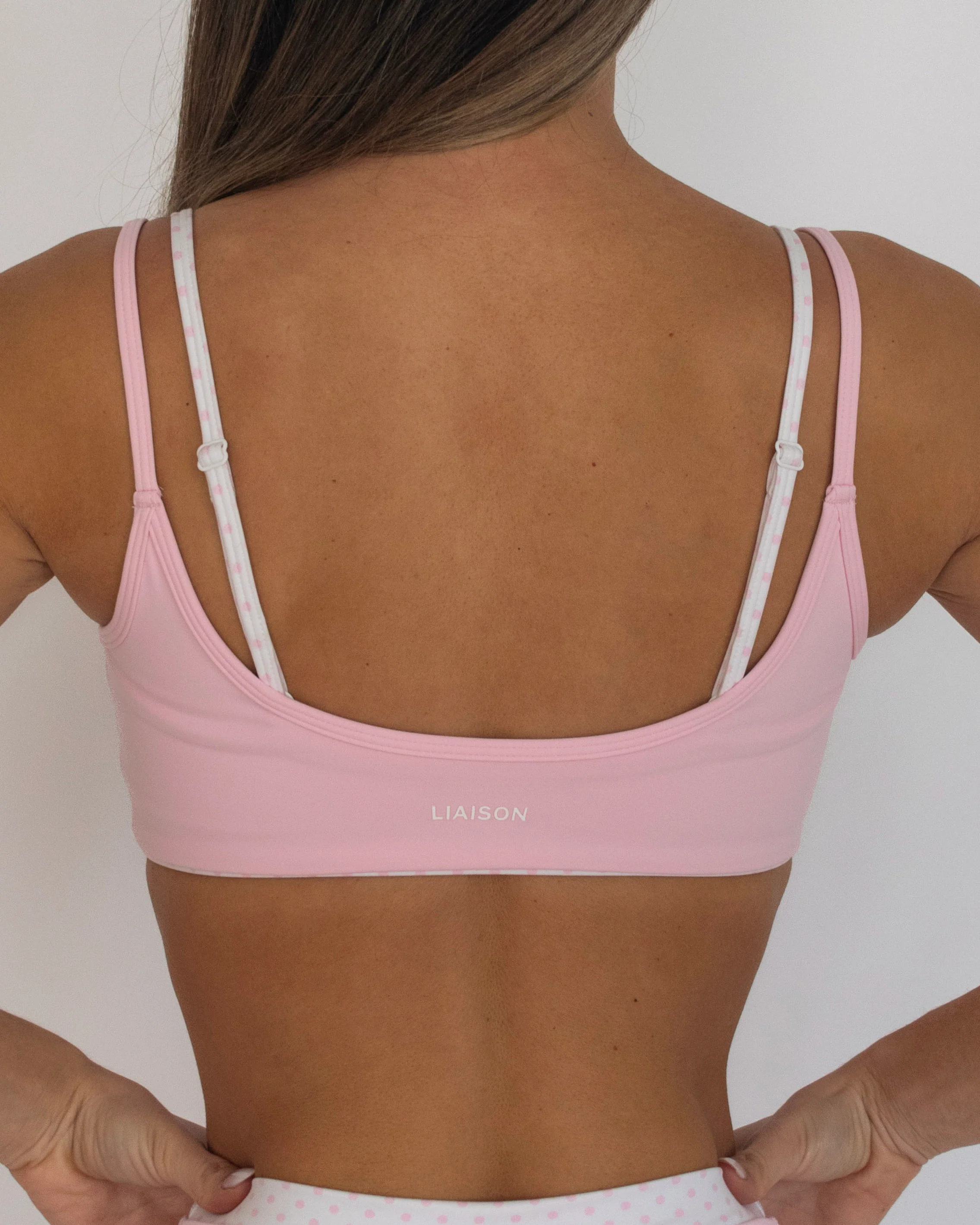 Double Layer Scoop Bra - Soft Pink & White Polka Dots - Image 4