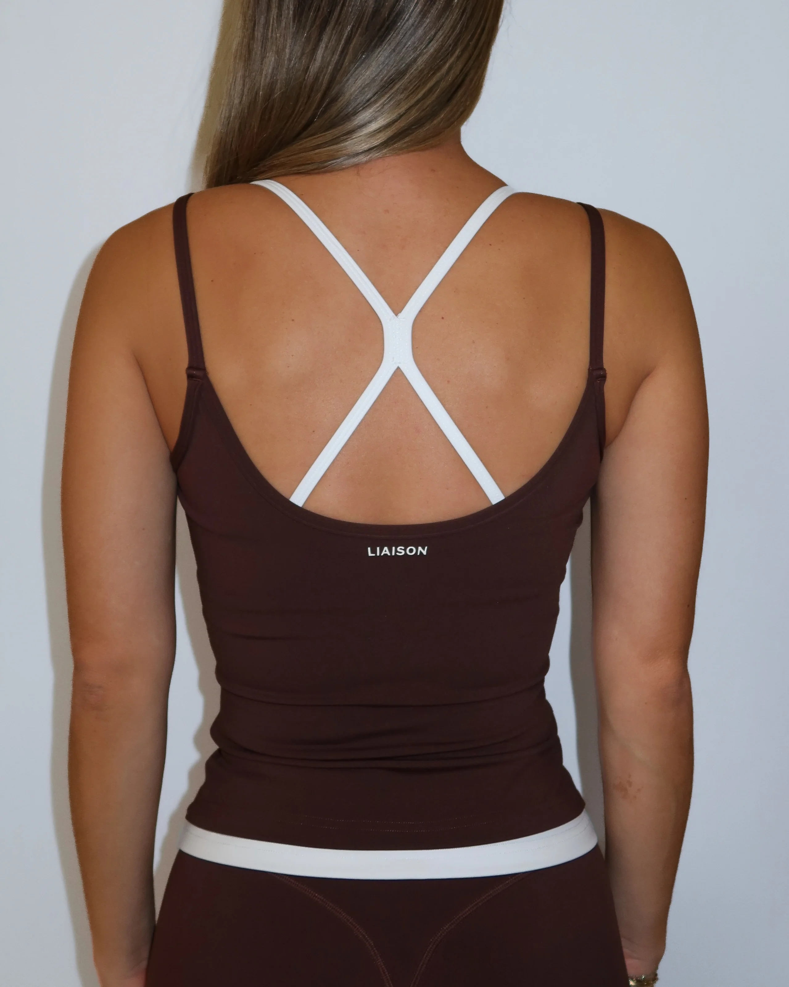 Double Layer Sporty Tank - Mocha Brown & White - Image 4